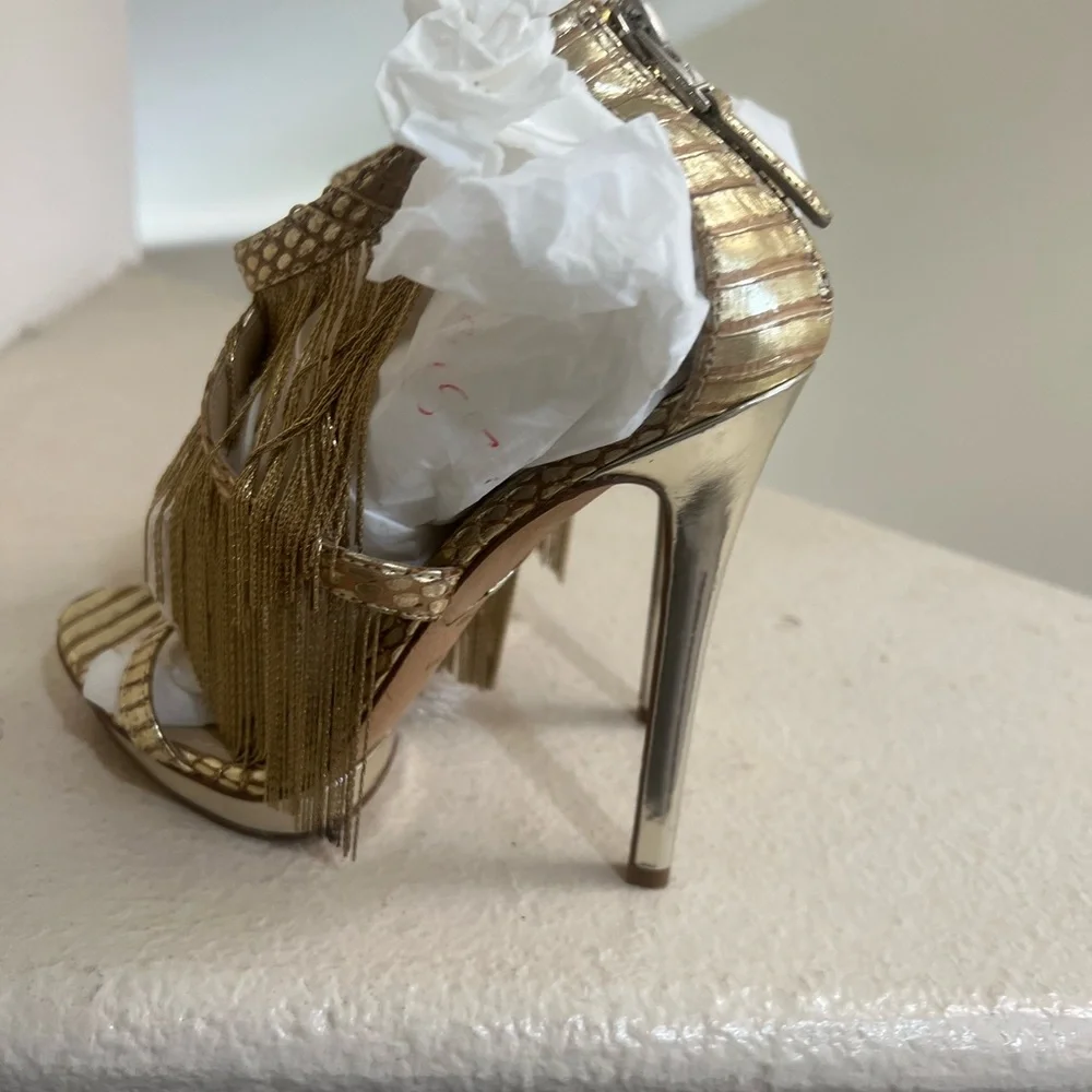 Brian Atwood Gold Fringe Sexy Heels Holiday Party‎ Christmas New Year shoes 7